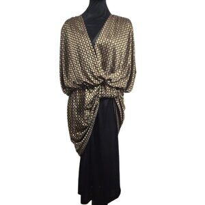 Vintage Miss Dorby Draped Cinched Front Gold and Black Dress Size 6 ! Read !